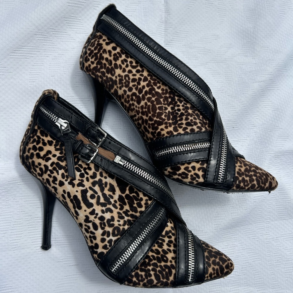Vince Camuto leopard-print pony-hair heels with zipper/cutout detailing